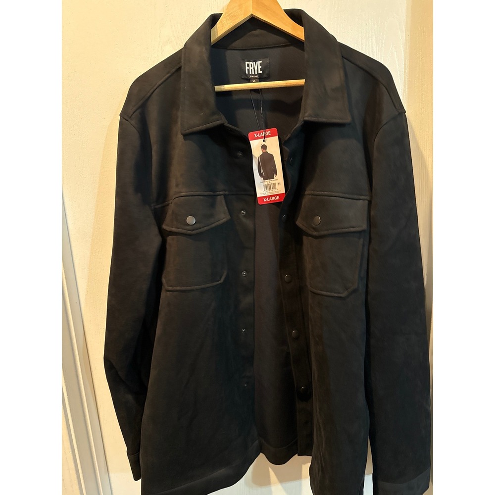 Frye Mens Faux Suede Shirt Jacket Black Snap Front Utility Shacket XL New